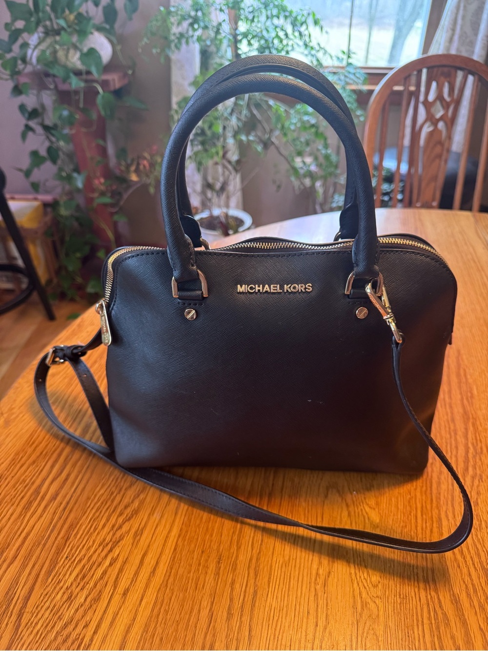 Michael Kors Cindy Black Saffiano Leather Satchel with Gold Hardware